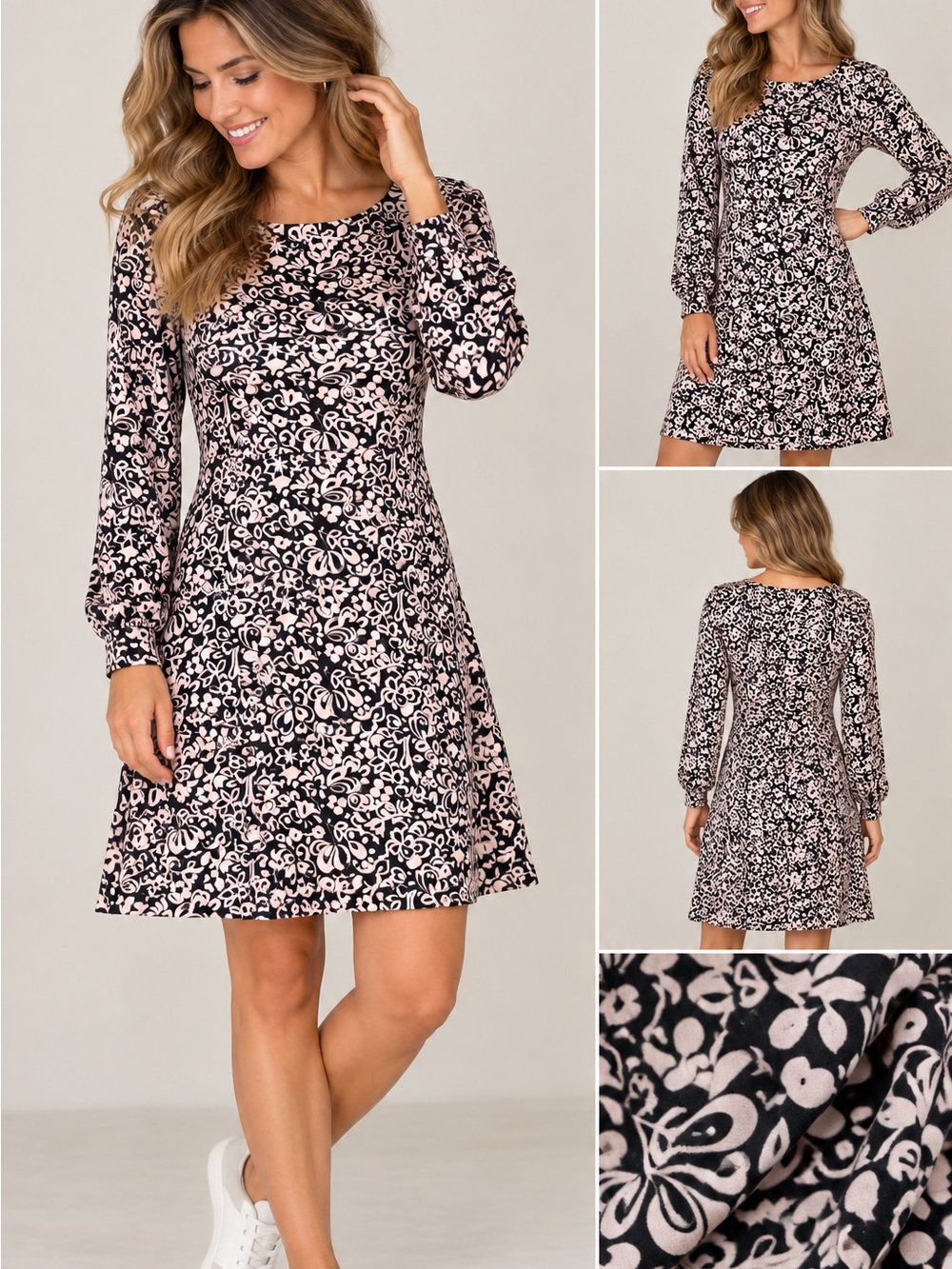 Boden Black and Blush Floral Long-Sleeve A-Line Dress